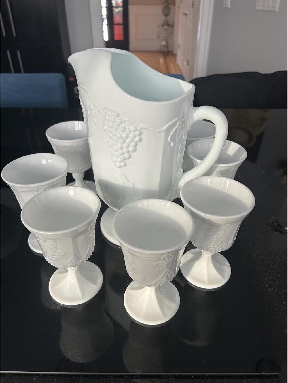 Indiana Milk Glass Colonial Grape Harvest pitcher+8 goblets